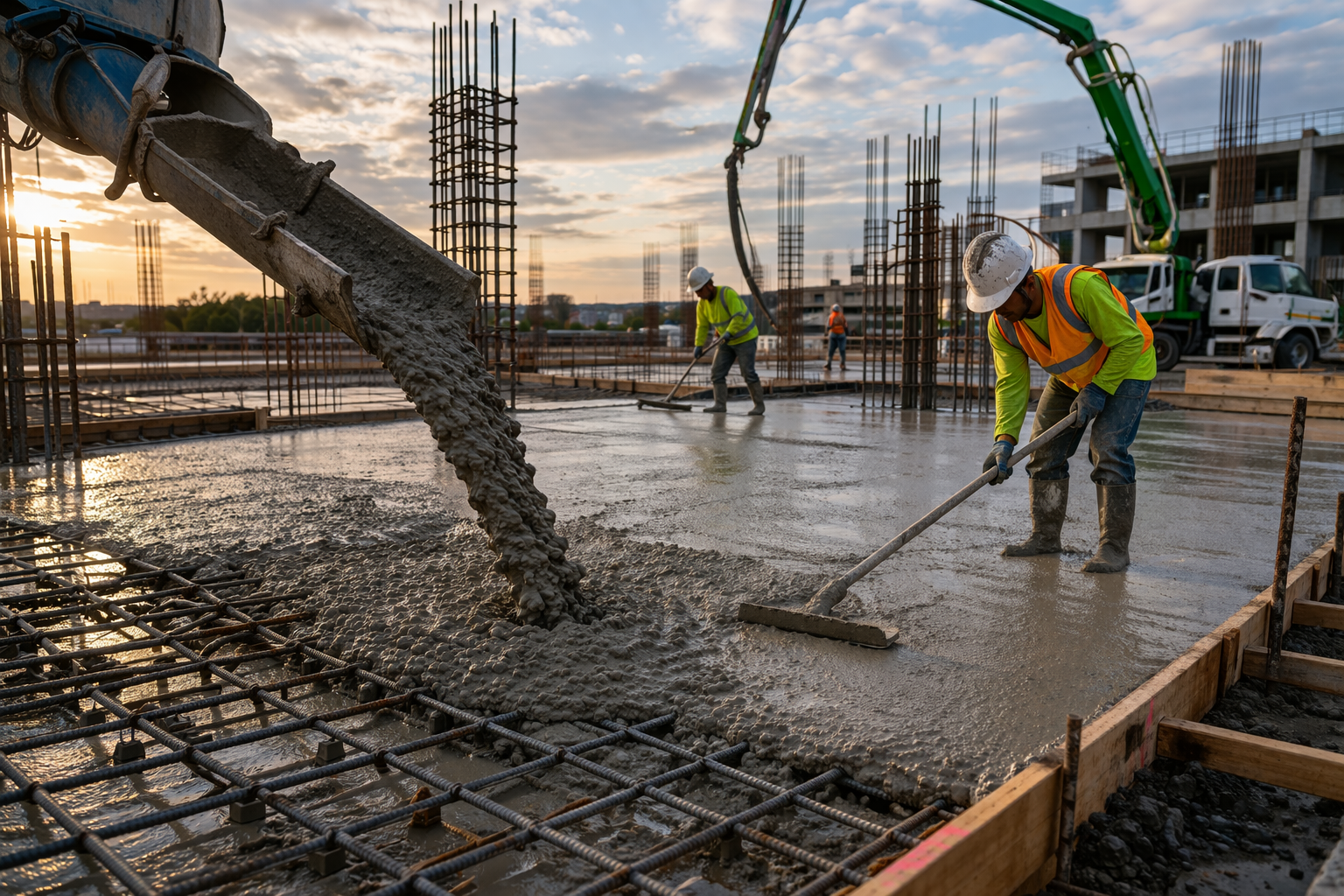 Concrete crew pouring and finishing slab with rebar and formwork