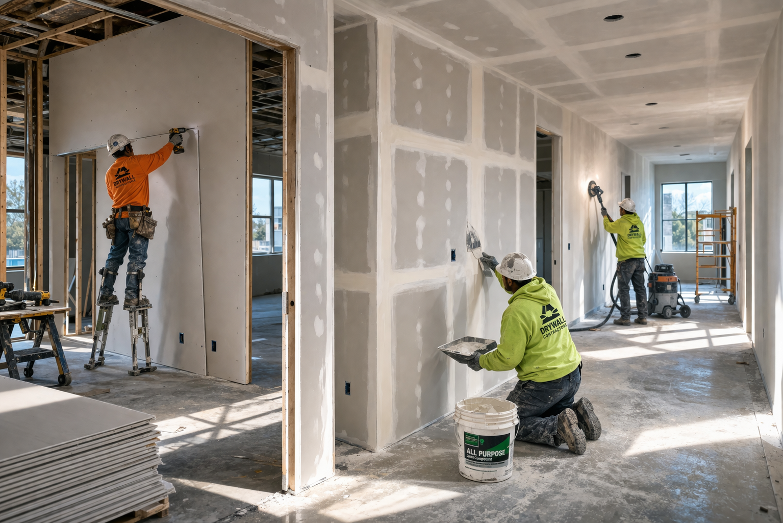Drywall installation showing hanging, taping, and finishing stages across multiple rooms