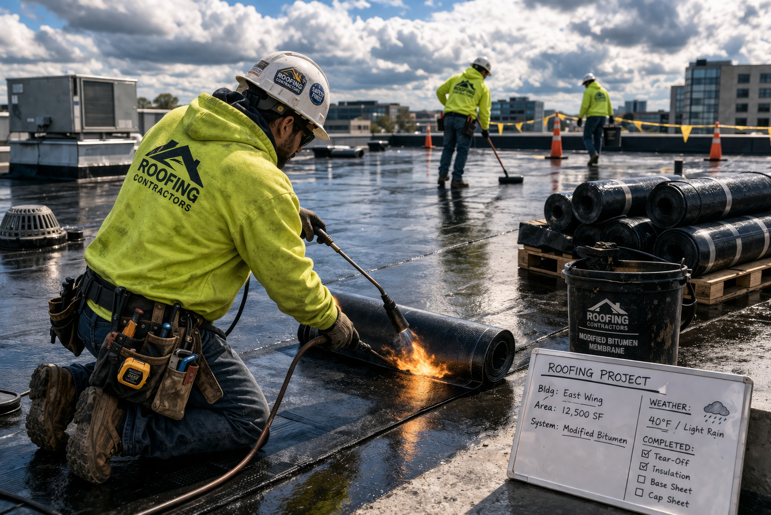 Commercial roofing installation with membrane application, multiple roof areas, and crews working across sections